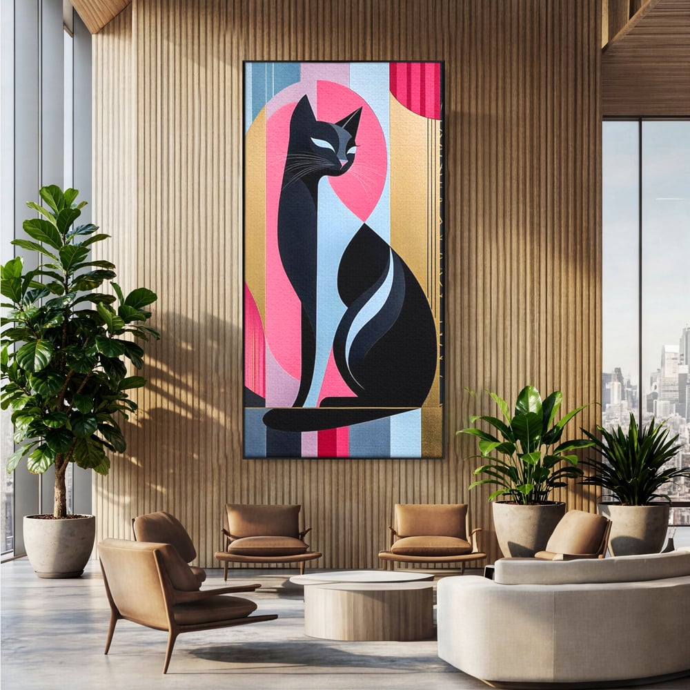Tablou canvas cu tablou vertical cu silueta de pisica, in rama de aluminiu negru, pe perete intr-un birou